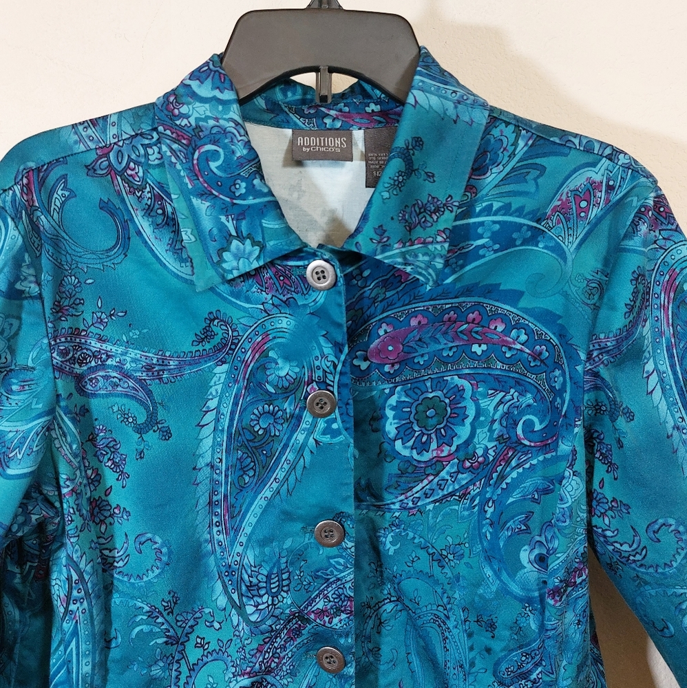 Additions by Chico's teal, purple, blue paisley cotton jacket, size 2